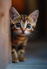 Adorable Bengal kitten peeks around a corner with wide eyes showcasing its unique coat pattern and playful curiosity in a cozy indoor setting