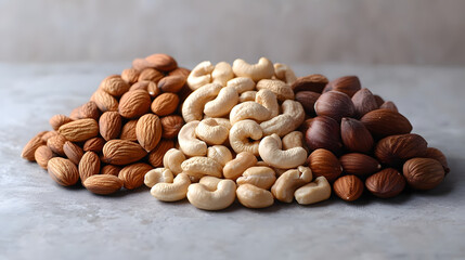 Obraz premium A collection of almonds, walnuts, cashews, and hazelnuts arranged in a clean, minimalistic manner on a pale gray surface, with focus on their variety of colors.