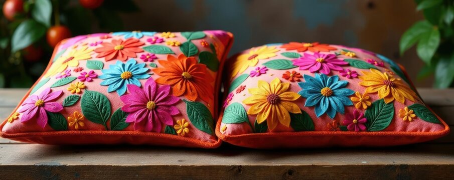 Almohadillas de paramo decoradas con flores artificiales, pintura, decoraci?n, texturas