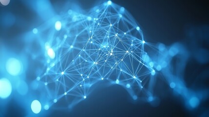 Abstract Blue Network Glowing Lines, Nodes, and Interconnections on a Dark Background