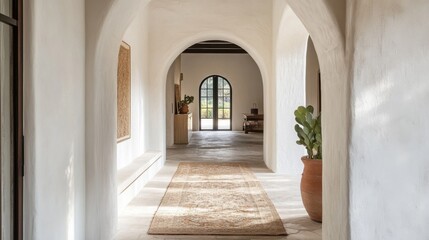 Naklejka premium Mediterranean-inspired hallway that exudes warmth and tranquility with natural light and simple decor
