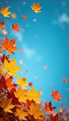 Obraz premium Autumn landscape with scattered yellow and orange maple leaves on a blue sky background, autumn, landscape