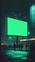 Urban night with a blank billboard standing tall against glowing skyscrapers and pedestrians in a bustling city atmosphere