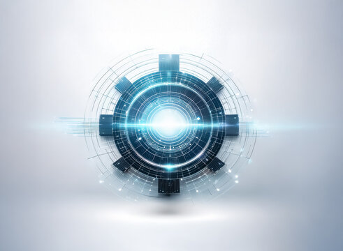Futuristic abstract circle with geometric elements. Glowing bright light emanates from the center, suggesting modern technology and innovation.