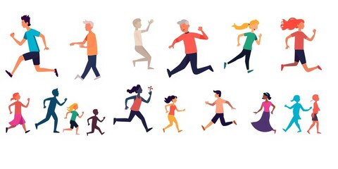 A set of pictograms depicting diverse human figures in different poses, movement, design, cartoon