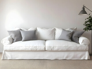 White wall background for mockup, white sofa with grey pillows