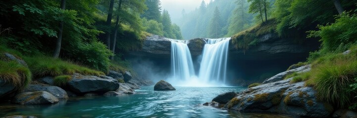 Fototapeta premium Cascade d'eau de montagne dans la for?t d'albes maritimes, misty, waterfall in alpine forest, scenery