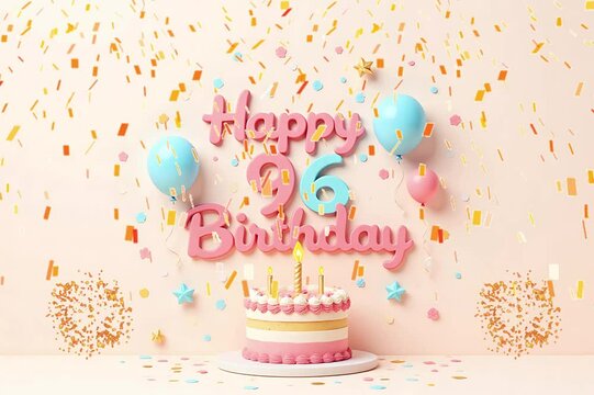 Animated 3D Happy 96th Birthday background video in pastel theme with floating balloons, lit candles, fireworks, and confetti shower