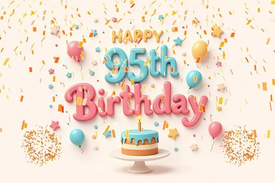 Animated 3D Happy 95th Birthday background video in pastel theme with floating balloons, lit candles, fireworks, and confetti shower