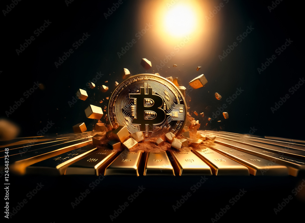 Poster a golden coin bursts through stacked gold bars under a bright light. metallic cubes are scattered ar