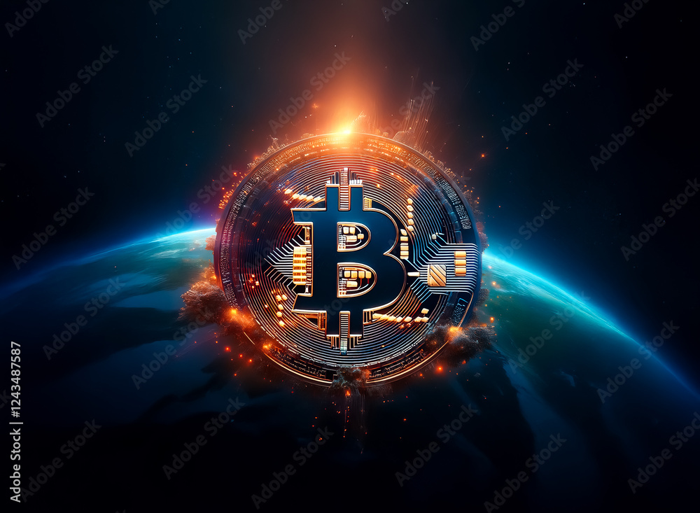 Poster glowing digital currency symbol with circuit design floats in space over a blue planet, emitting bri
