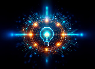 Glowing lightbulb center, surrounded by vibrant energy rings and radiating lines against a dark backdrop.  Illumination and innovation concept.