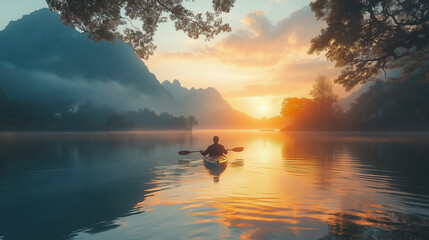 A peaceful sunrise over a serene lake, featuring a lone kayaker silhouetted against vibrant hues of orange and blue