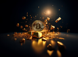A shiny bitcoin coin rests atop stacked gold bars, surrounded by golden fragments against a dark backdrop. Wealth and digital currency are visually represented.