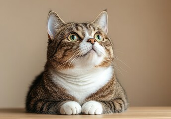Adorable brown tabby cat with striking green eyes resting comfortably on a wooden surface, looking upward with curiosity and charm in a serene setting