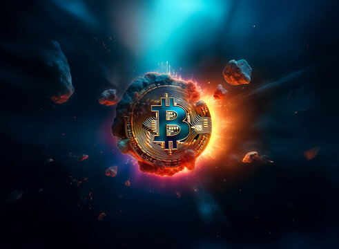 Bitcoin symbol in space with asteroids and glowing fiery energy. Digital currency concept in a cosmic, celestial setting. Fiery light around the coin.