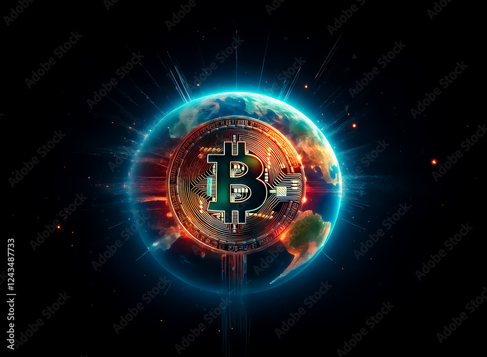 Poster bitcoin symbol is integrated with a radiant globe against a dark backdrop, representing global digit