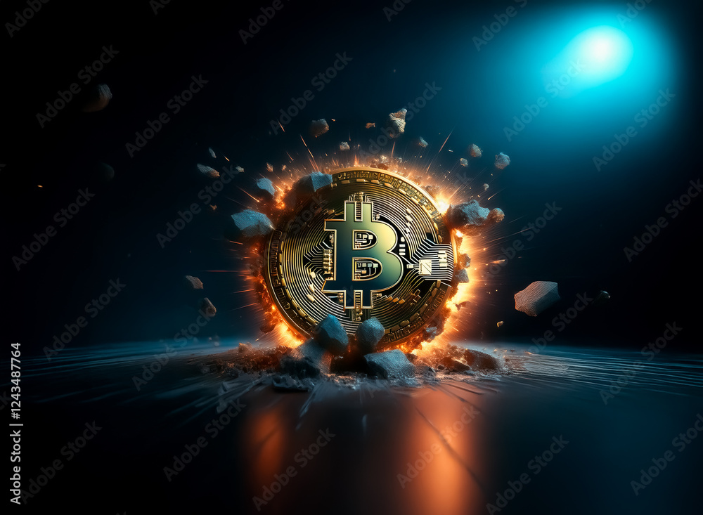 Poster a golden coin with a 'b' emblem explosively bursts outwards with fire and fragments, set against a d
