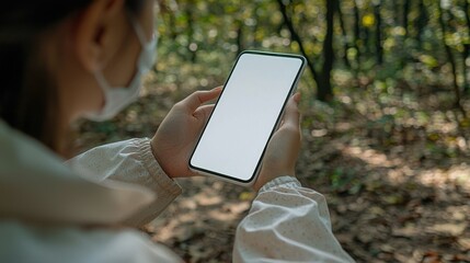 Close-up of a woman holding a blank screen smartphone and interacting with it in a bokeh background. Ideal for portraying mobile technology and user engagement in a soft-focus environment.