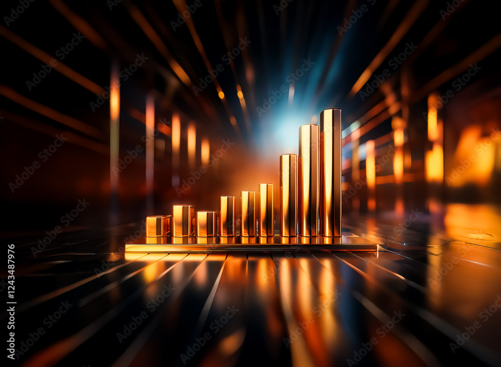 Poster golden bar chart represents growth in a dynamic, abstract, dark and bright environment. streaks of l