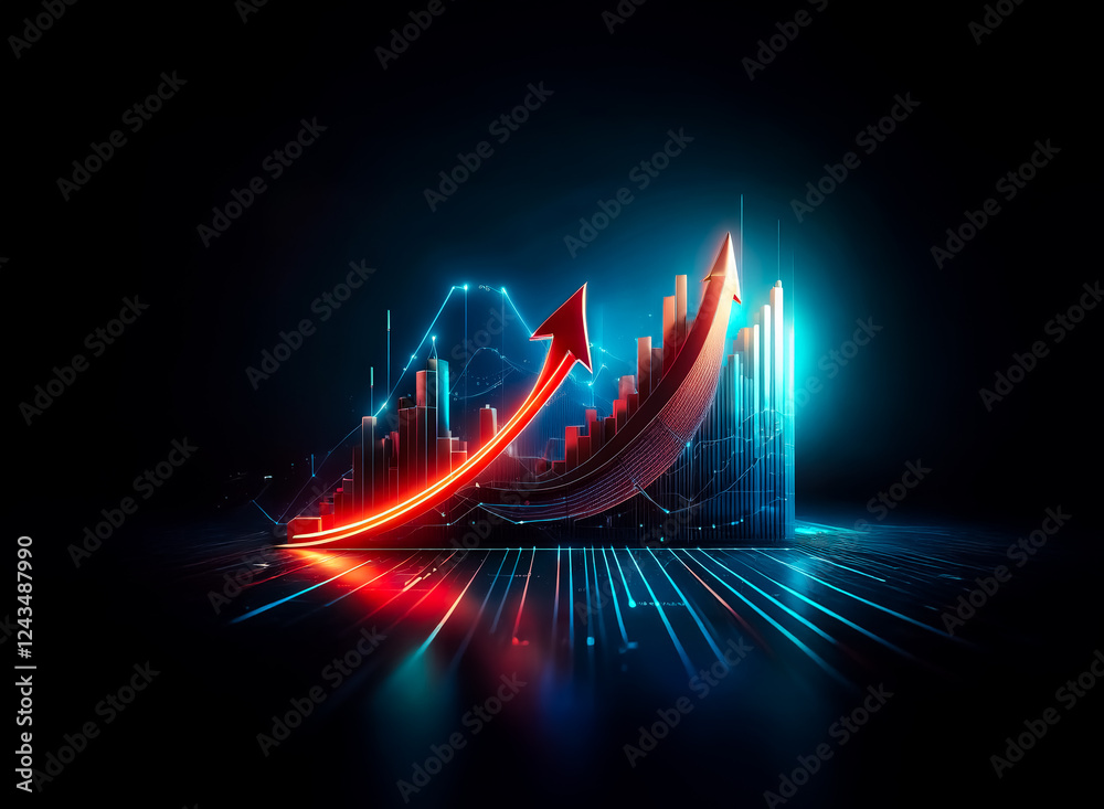 Aufkleber Bright red arrow pointing upwards over blue neon graph bars on a dark backdrop. Symbolizing business growth, financial progress, and positive market trends in a modern, digital style.