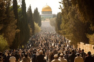 Muslim pilgrims walking towards the dome of the rock in jerusalem