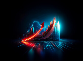 Bright red arrow pointing upwards over blue neon graph bars on a dark backdrop. Symbolizing business growth, financial progress, and positive market trends in a modern, digital style.