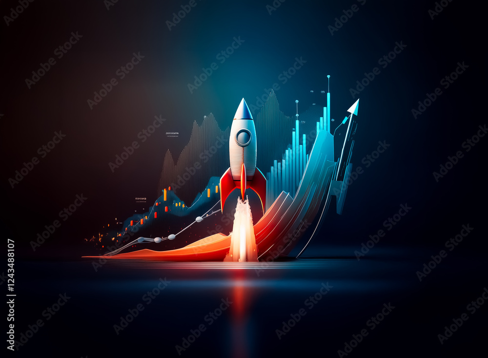Poster rocket launching with financial charts, showing growth and upward trend in a vibrant, dynamic compos