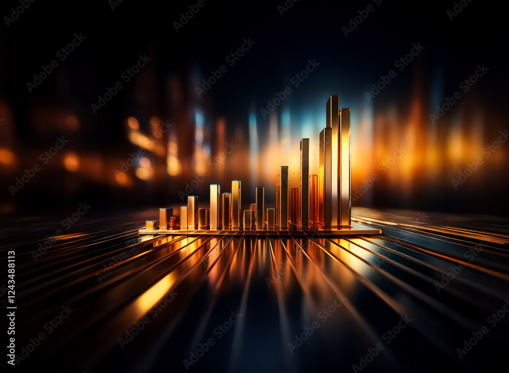 Aufkleber golden bar chart shines, reflecting on a surface with a blurred backdrop. abstract representation of