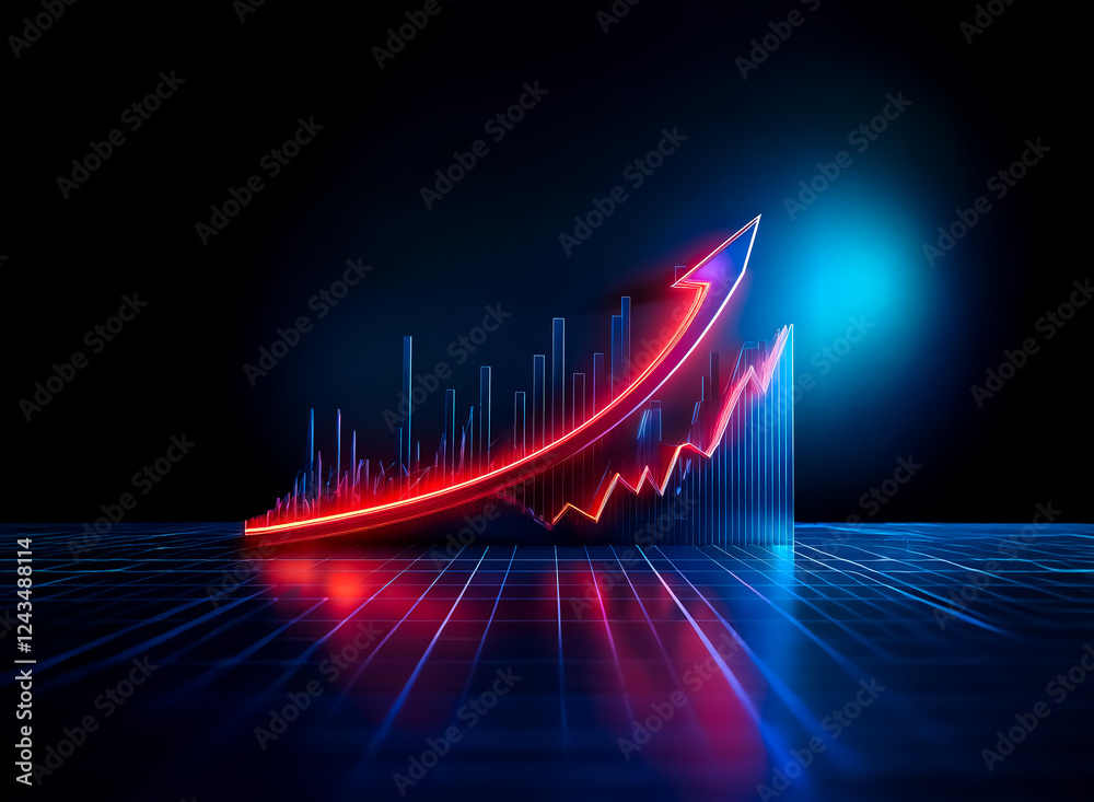 Aufkleber an upward trending red arrow dynamically highlights growth atop bar charts, illuminated against a da