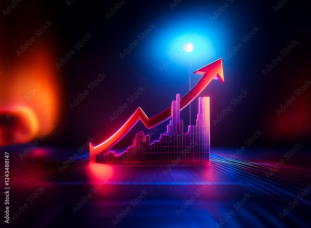 Poster a vibrant red arrow climbs an illuminated bar chart against a dark backdrop, symbolizing upward tren