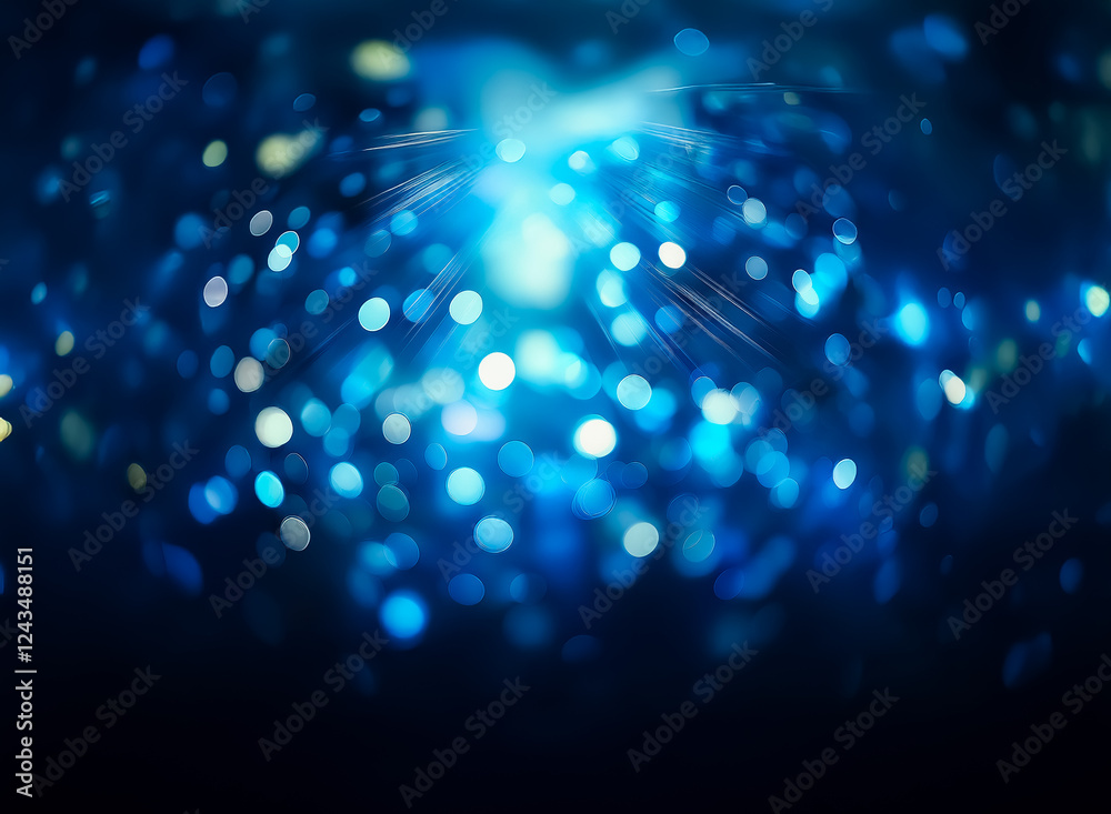 Poster a vibrant blue bokeh background features a bright, central light source, creating a dreamy, abstract
