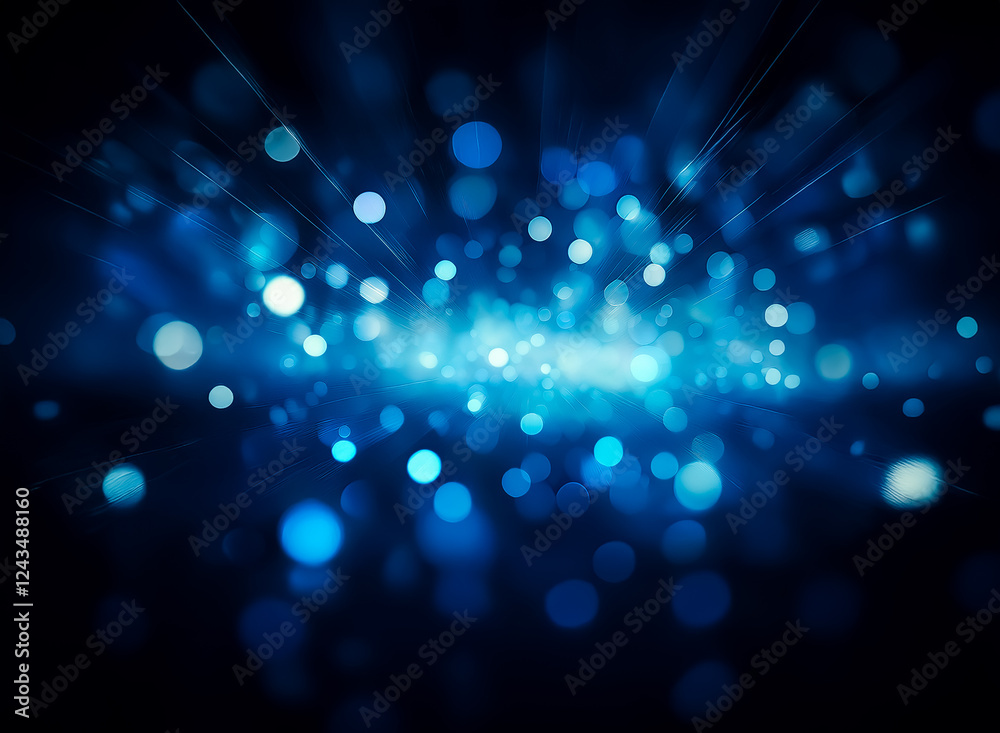 Poster abstract blue bokeh lights burst from the center against a dark backdrop, creating a dreamy, glowing