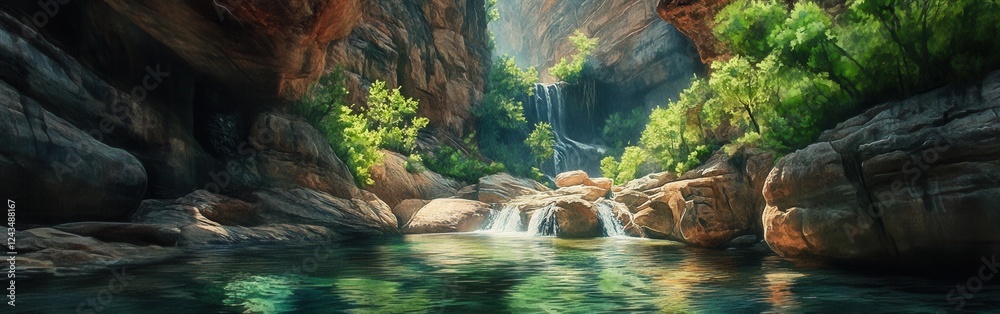 Poster breathtaking waterfall cascading into a tranquil pool surrounded by vibrant vegetation in a serene c