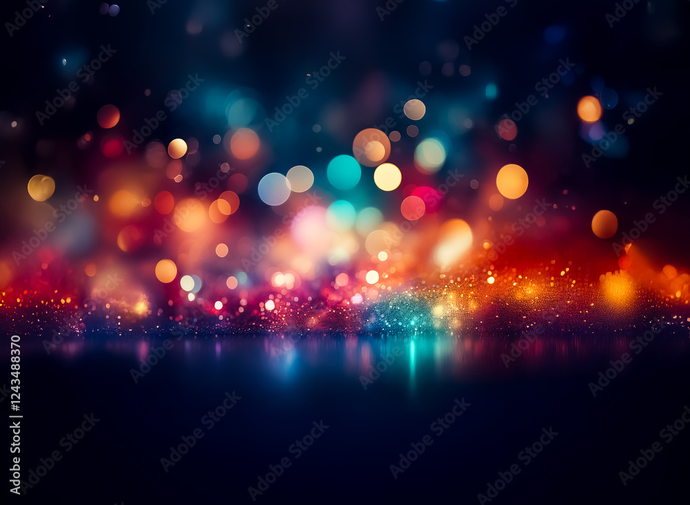 Poster Abstract image of defocused lights creates a vibrant and dreamy atmosphere.  A bokeh effect with colorful hues of orange, blue, and red against a dark backdrop.