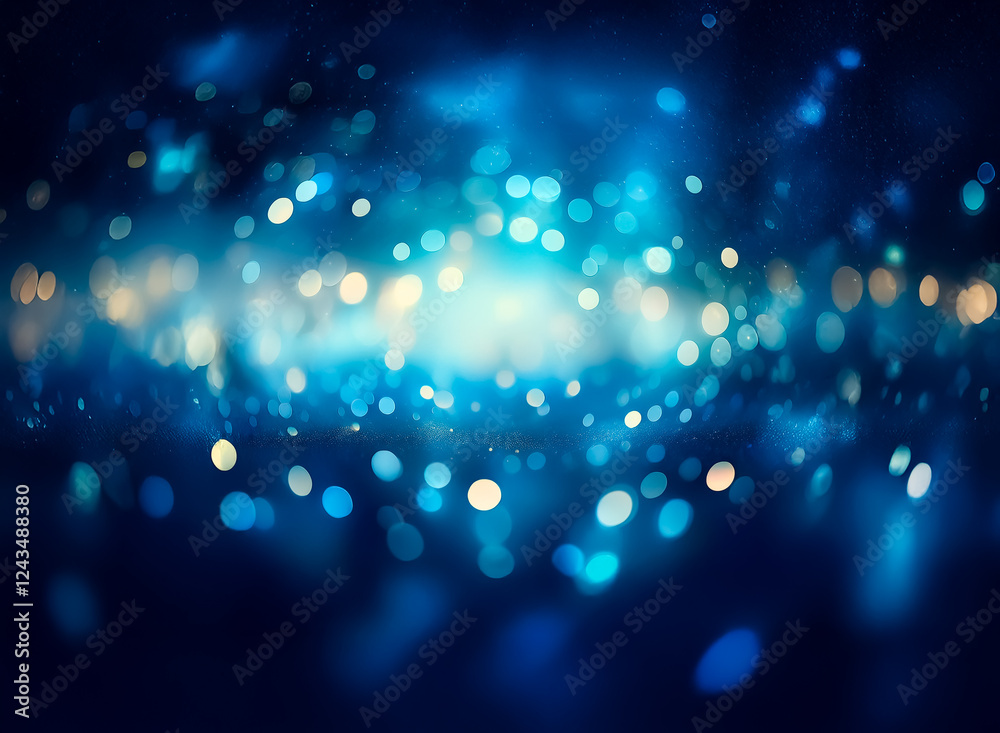 Poster Abstract blue backdrop featuring a mesmerizing bokeh effect. Soft, blurred lights create a dreamy and elegant atmosphere.