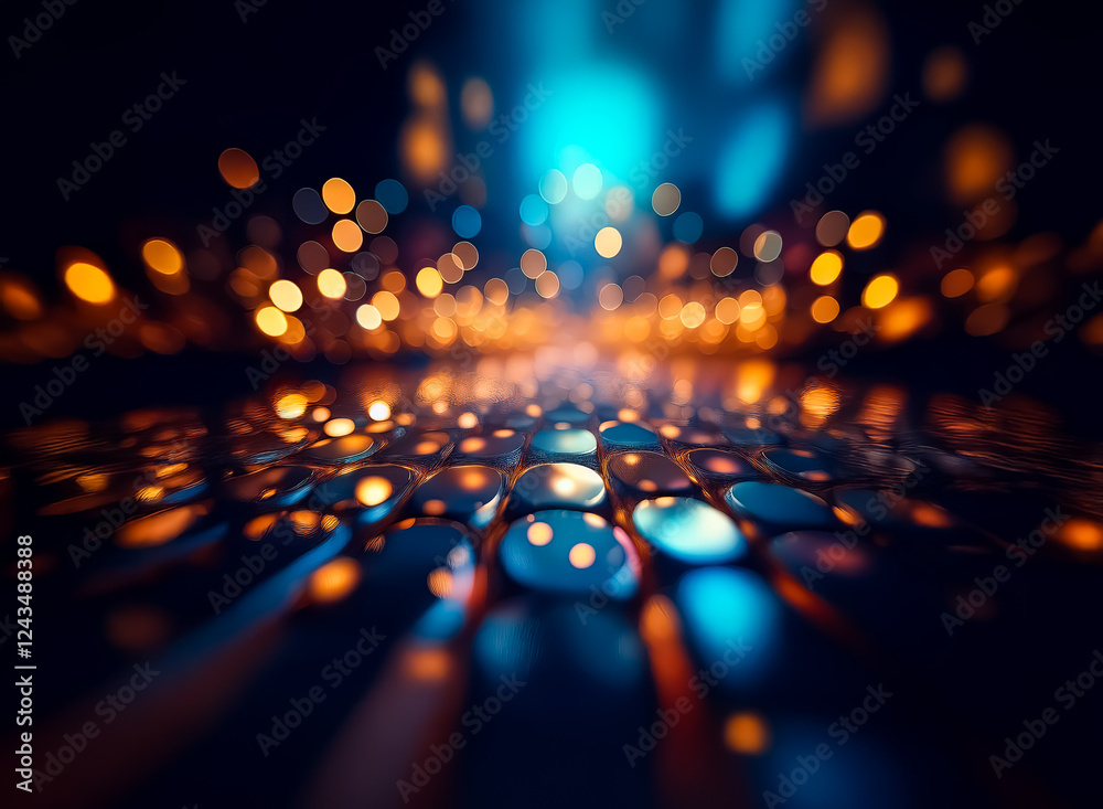 Poster abstract blurry lights create a bokeh effect over a dark reflective surface. golden and blue light p