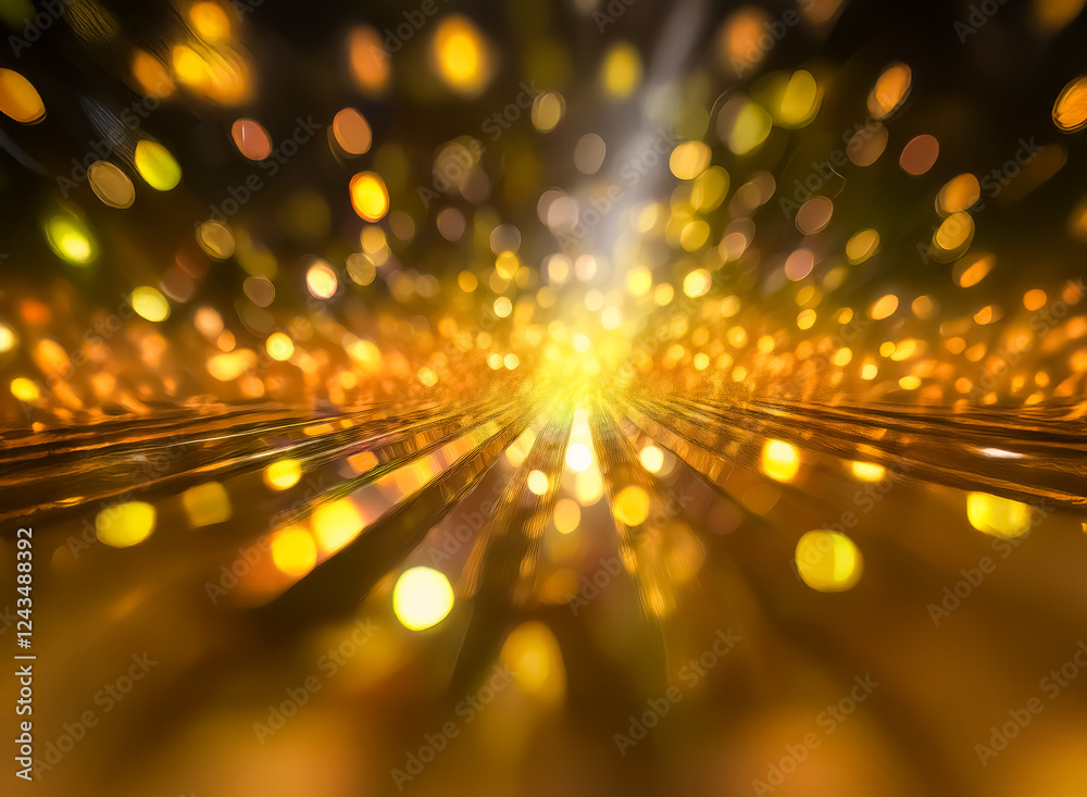 Poster Blurred perspective with vibrant golden bokeh lights cascading over dark lines creates a dynamic and energetic abstract image.  The scene evokes a sense of motion and bright illumination.