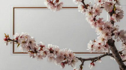 Delicate cherry blossom branch with white square frame for text overlay