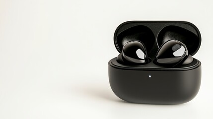 Black Wireless Earbuds In Charging Case On White Background