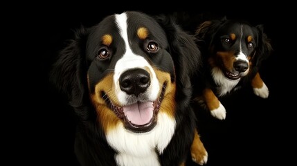 Happy Bernese Mountain Dogs with Joyful Expressions Against Black Background