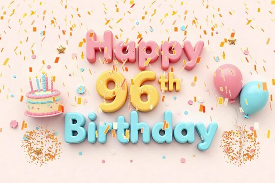 Animated 3D Happy 96th Birthday background video in pastel theme with floating balloons, lit candles, fireworks, and confetti shower