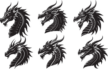 Dragon head icon set silhouette with white background