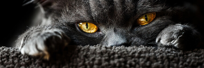 Close-up Photograph of a Gray Cat with Yellow Eyes Partially Obscured by Textured Surface