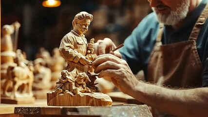 Elderly Craftsman Meticulously Carving Intricate Wooden Figurine
