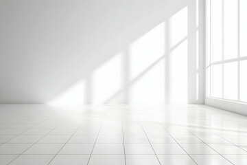 Bright white studio room with tiled floor and minimalist interior for product photography