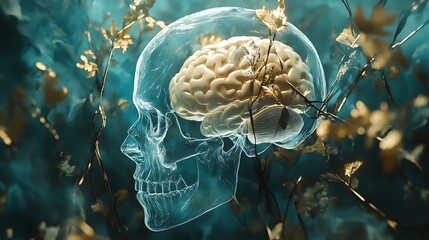 Transparent Skull Encasing Brain With Golden Leaves