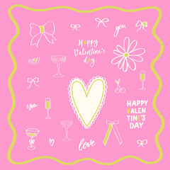 Whimsical coquette food and wine pink background. La dolce vita concept. Design elements for Valentines Day greeting cards, wedding invitations, birthday.