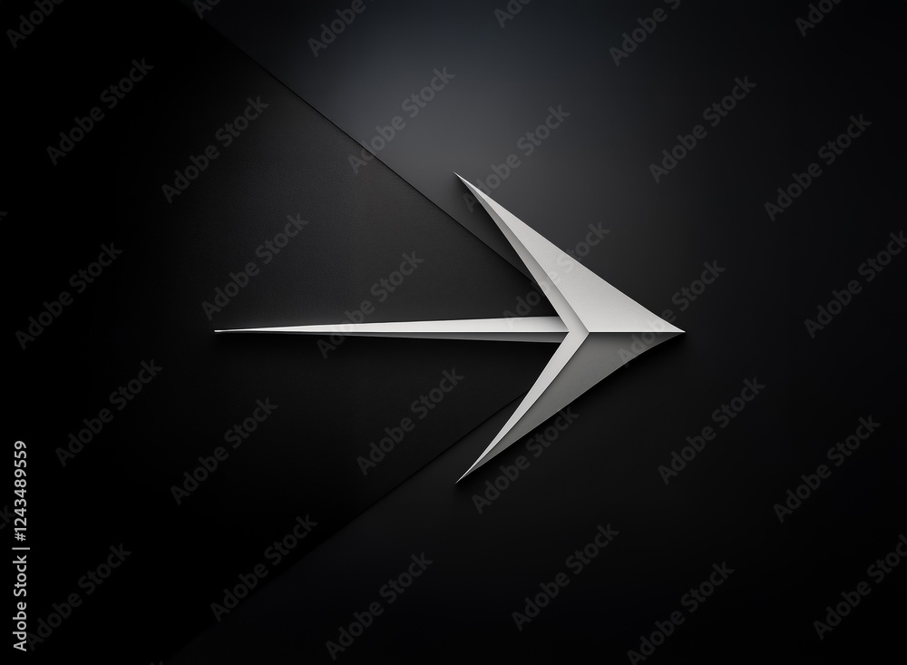 Fototapete A silver arrow points right on a dark surface, creating a sleek, directional image. The arrow has a geometric, angular form and is positioned diagonally, suggesting forward motion and modern design.