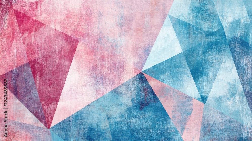 Poster Soft pencil strokes create geometric forms in shades of red and blue in an abstract artwork suitable for modern spaces